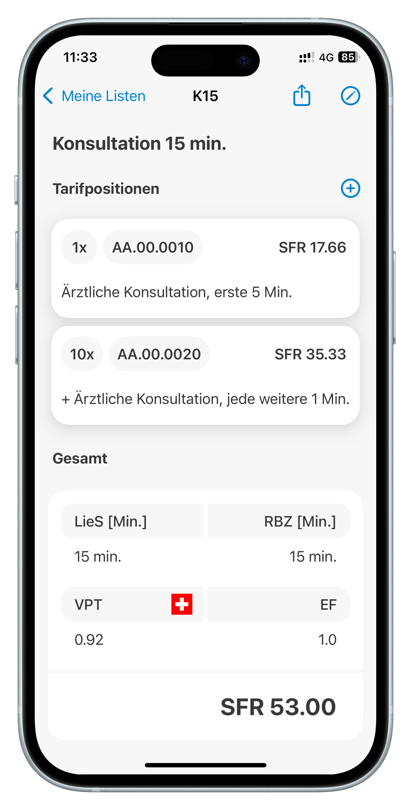 Bildschirm für persönliche Listen der iTardoc-App