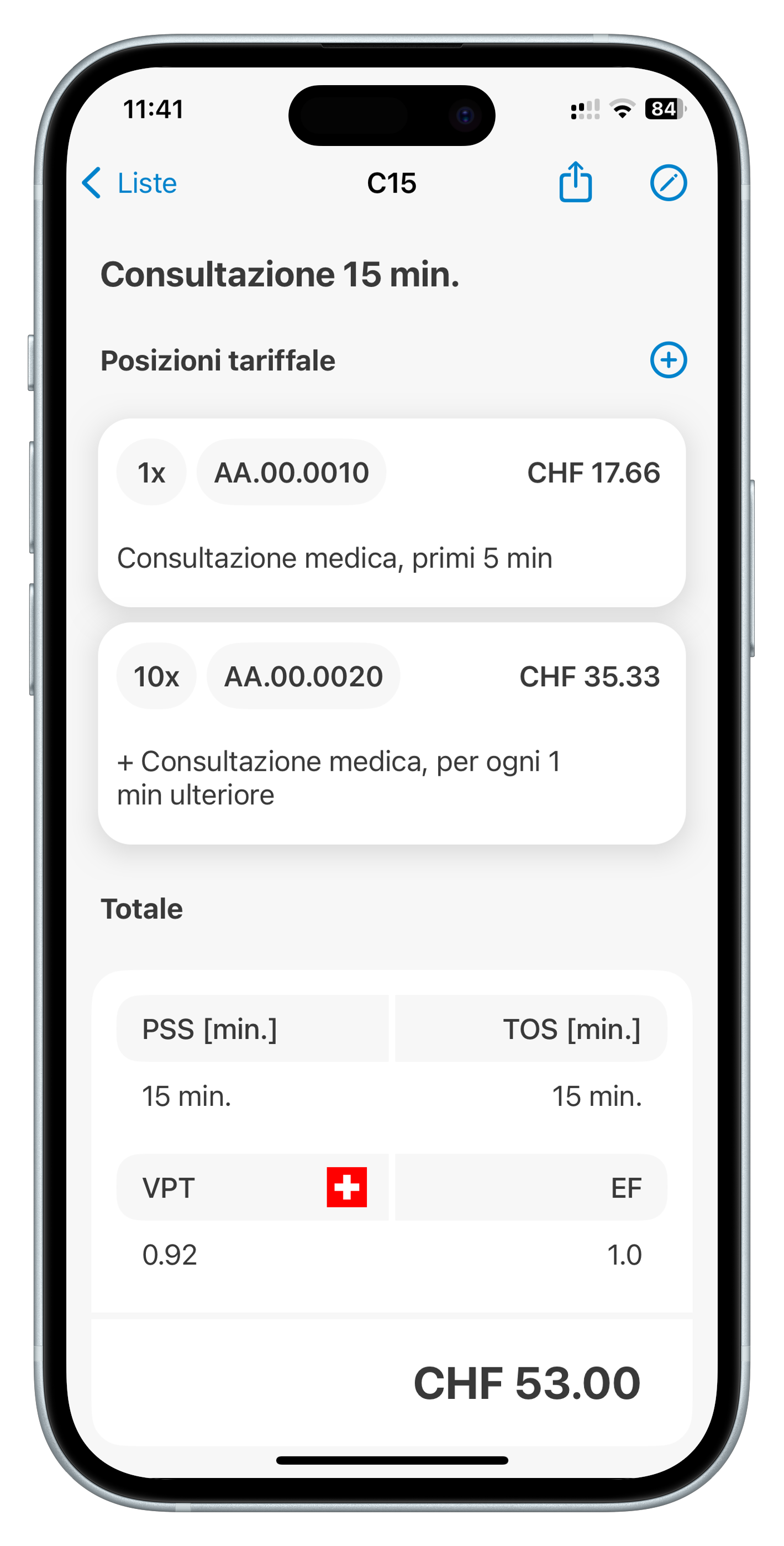 Schermata dell'elenco personale dell'app iTardoc
