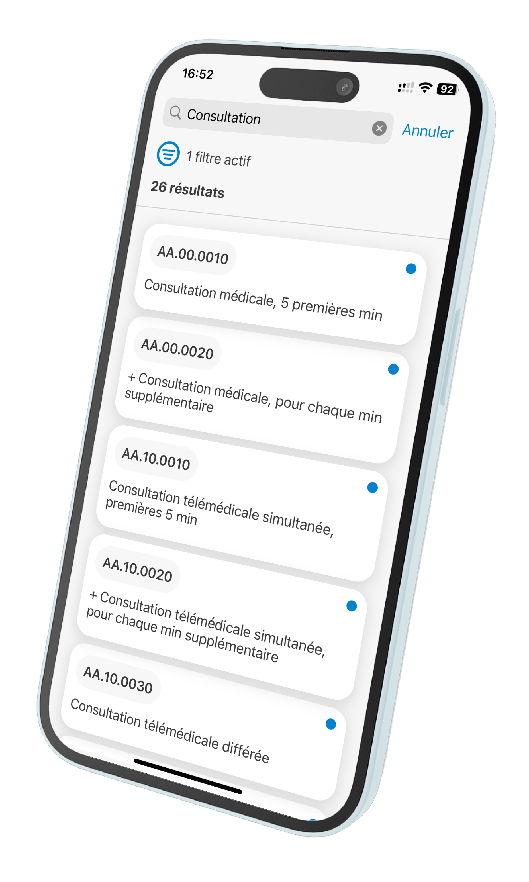 Écran de recherche de l'app iTardoc