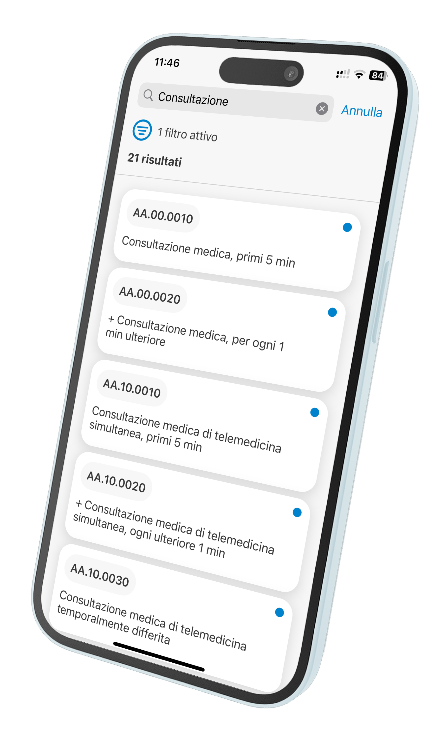 Schermata di ricerca dell'app iTardoc